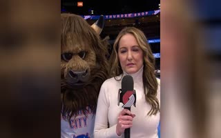 LOL! Mascot Scares the Soul of of a Reporter Waiting for the Cameraman to Finish Up