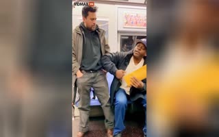 Homeless Get's KO'd Threatening a Man with Scissors on a NYC Train