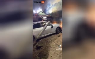 Pickup Truck Travelling At Insane Speeds Goes Airborne, Lands On Several Cars In Houston