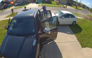 Out of Control Car Nearly Crushes a Father Preparing his Truck to go to Work
