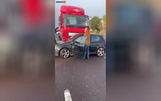 18-Wheeler Driver Claims He Didn't See a Car He Was Pushing Sideways for Miles!