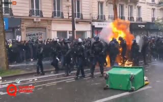 French Riot Police Overwhelmed By Protesters, One Officer Gets Smashed with a Molotov, Turned Into Ghost Rider