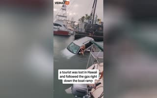 Worlds Dumbest Tourist Follow Her GPS Directly Into a Boat Launch, Attempts to Drive It