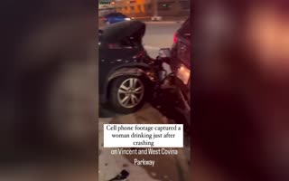 Woman Who Just Totalled Her Car And Another Is Caught On Video Drinking Booze Right After Crash